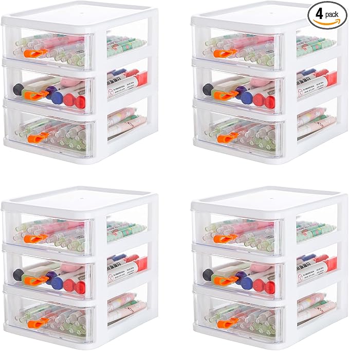 Gagee 4 Pack 3 Drawer Mini Desktop Unit,Plastic dressers with drawers for Arts and Crafts, Small Tools, Sewing Accessories, Stationary, and Hardware,Clear/White Frame