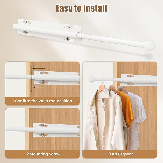 Luvenia Valet Rod,Adjustable Closet Rod 16in Heavy Duty Stainless Steel,Closet Rods For Hanging Clothes Retractable Slide Out Valet Rod For Closet Pull Out For Closet, Laundry Room, Bedroom(White)