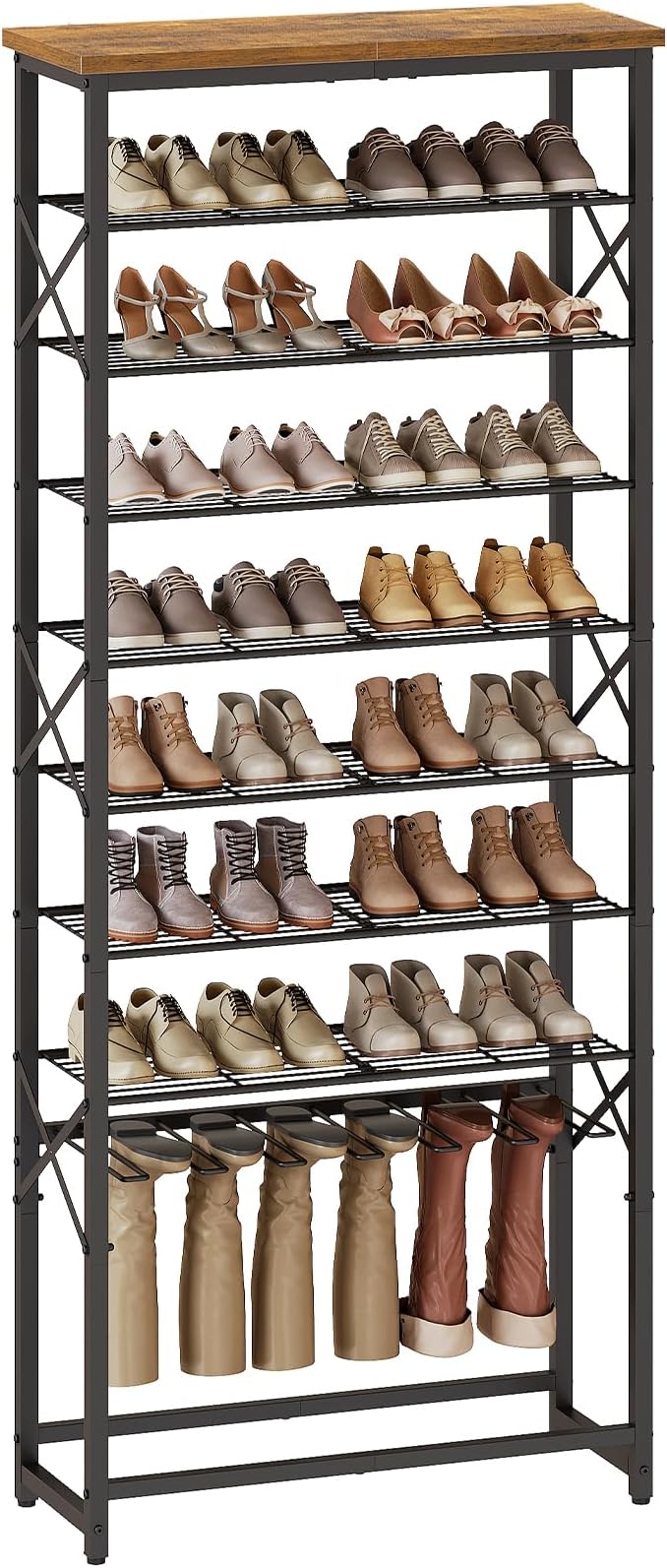 YATINEY Tall Shoe Rack for Entryway, Metal Shoe Storage Organizer with Boot Rack, 10 Tier Sturdy Shoe Rack for Closet, Space Saving Wooden Shoe Shelf, Black and Rustic Brown SS19BR