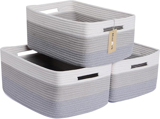 MiniArk Large Storage Baskets for Shelves, Closet Organizers Bins for Clothes Blanket Towels, Baby Nursery, Toy Baskets Box, Woven Rope Baskets, 17 x 13 x 7.5”, 3 Packs Gradient Grey