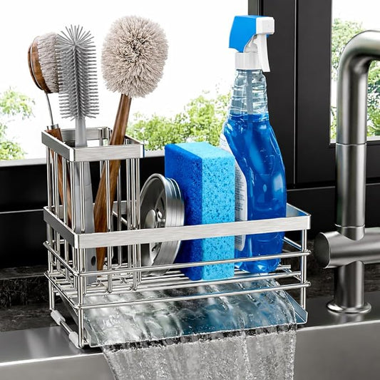 Cisily Sink Caddy Sponge Holder for Kitchen with Brush Holder and Stainless Steel Self Drain Tray, Rustproof Kitchen Sink Organizer for Sponge, Soap Dispenser Storage Accessories (Stainless Steel)
