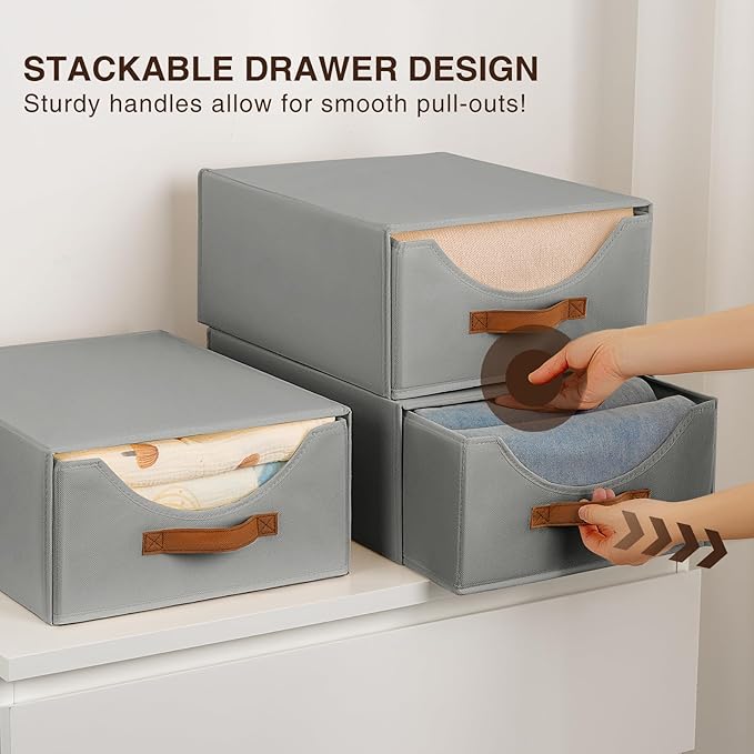 Homsorout Closet Organizers and Storage - Large Stackable Storage Bins with Drawer, Fabric Bins for Organization, Collapsible Drawer Organizer Clothes for Bedroom, Living Room, 2 Pack, Grey