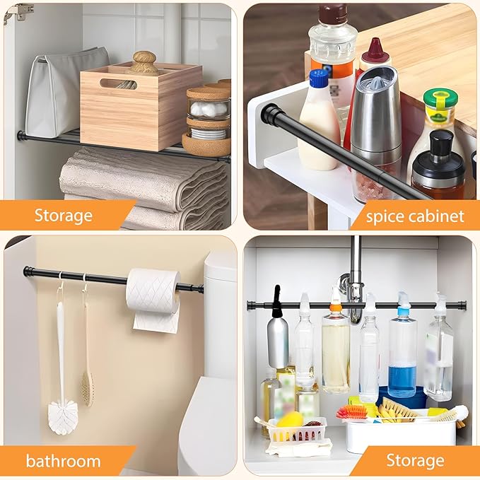 Tension Curtain Rod 17 to 28 Inch Adjustable Tension Rods 2 Pack Expandable Spring Tension Rod Black No Drilling for Closet Kitchen Cupboard Wardrobe Door Bookshelf DIY Projects