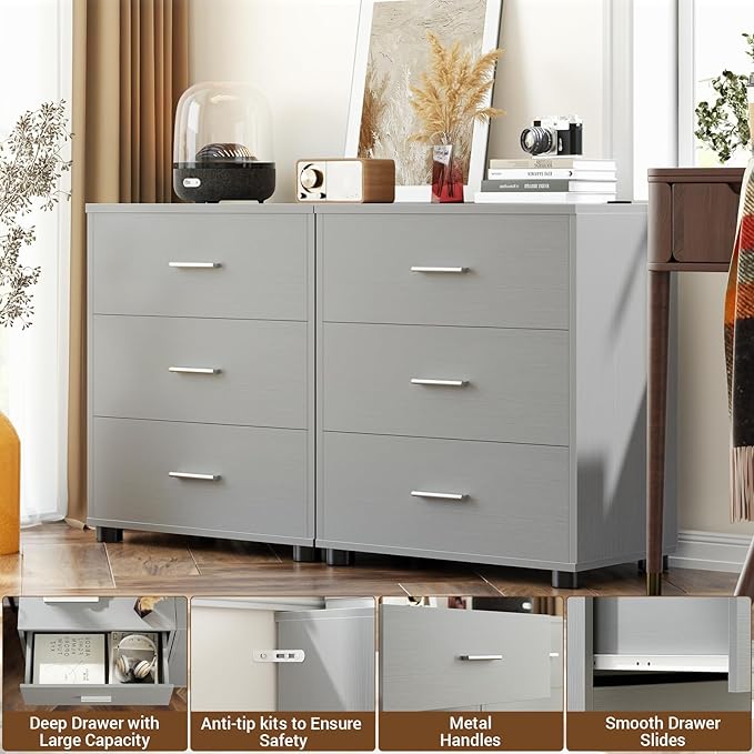 Aheaplus Closet Drawers Set of 2, Wood Closet Organizers and Storage with 3 Drawers, Closet Drawers Organizer System, Nightstands Bedside End Table with 3 Drawers Storage for Bedroom, Grey