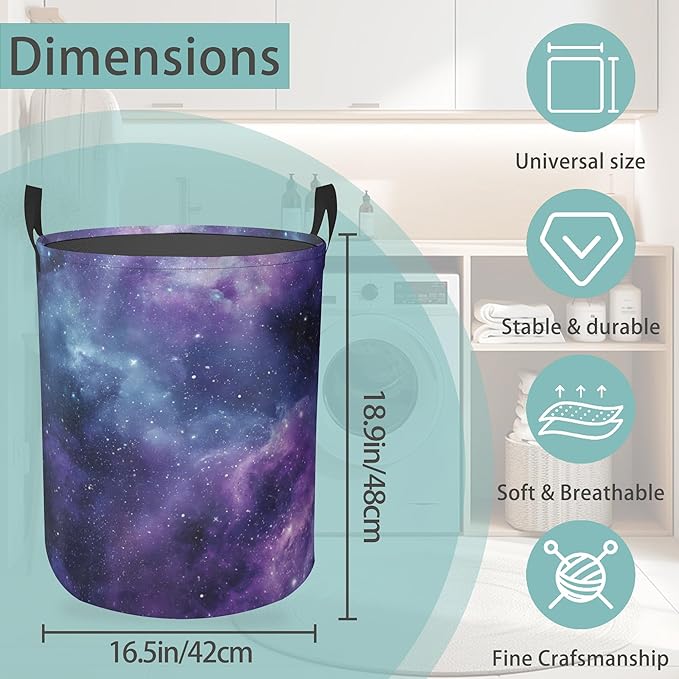 Purple Starry Sky Round Laundry Basket Collapsible Laundry Hamper with Handles Toys Clothes Organizer Bin For Home Bathroom Bedroom Dorm Nursery