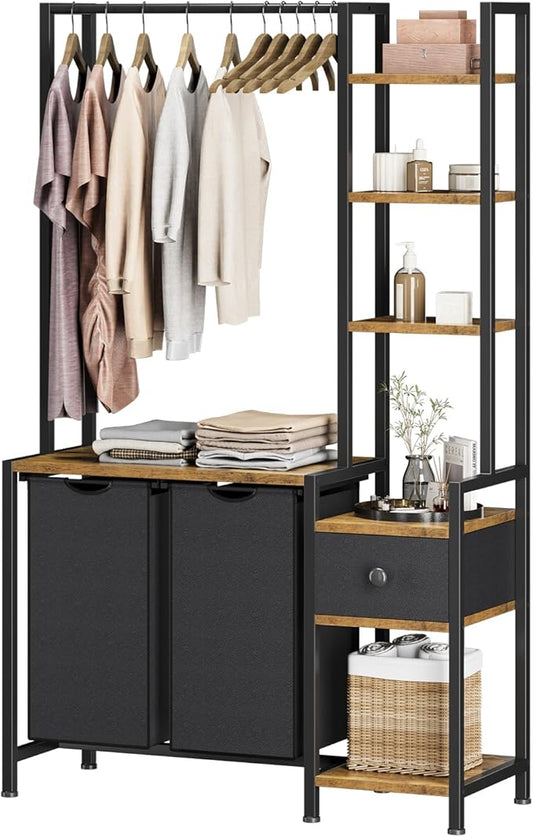 Creso hom Laundry Hamper with Shelf, 5 Tiers Tall Laundry Basket Sorter with 2 Pull-Out and Removable Bags, Clothes Rack with Laundry Sorter for Laundry Room Bathroom Bedroom, Rustic Brown