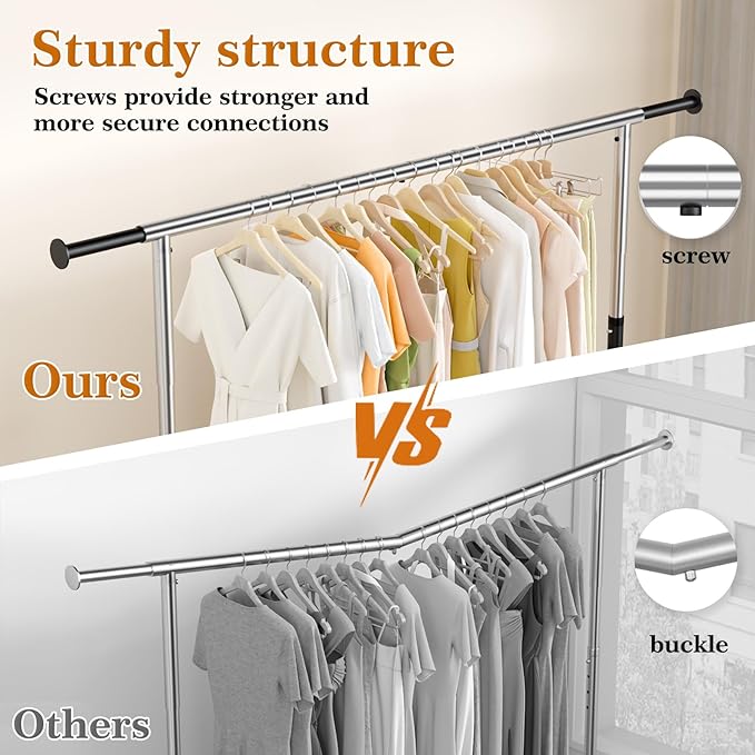 Wiracks Heavy Duty Clothes Rack for Hanging Clothes Extendable Rolling Clothing Rack for Hanging Clothes 350lbs Chrome 51 to 71" W x 16.53" D x 65" to 71" H 3" Industrial Wheels