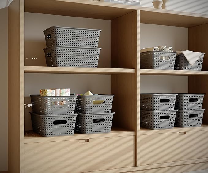 Resze 6-Pack Plastic Storage Bins with Lids, Stackable Organizer Baskets & Containers for Pantry, Kitchen, Cabinet, Closet, Bathroom Organization Toys, Space Saving, Easy-Carry Handles,Gray