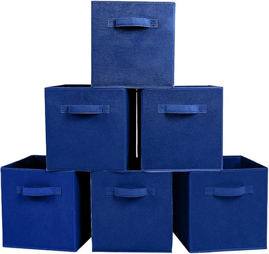 PowerKing Collapsible Storage Cubes with Handles, Fabric Foldable Bins for Closet Shelves, Durable Organization Storage Bins, 10.5'' x 11'' x 10.5'', 6 Pack, Dark Blue