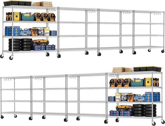 PrimeZone 4 Tier 55.5" Wx24 Dx76 H Wire Shelving with Wheels 2400lbs NSF Certified Storage Shelves Heavy Duty Metal Shelf Adjustable Rolling Rack Commercial Garage Restaurant Warehouse Kitchen 8Pack