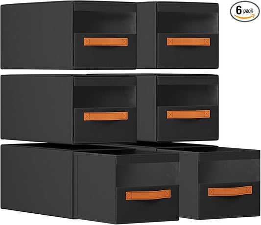DIMJ Closet Organizers and Storage - Fabric Bins with Drawers for Closet Foldable Clothes Organizers with Clear Window, Stackable Storage Drawers Units for Hat, 6-Pack, Black