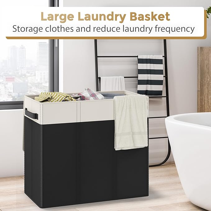 Optish 180L Laundry Hamper 3 Section, Large Laundry Basket with Lid, Laundry Basket Organizer with Handles, Divided Clothes Hampers for Laundry, Bedroom, Bathroom, White & Black