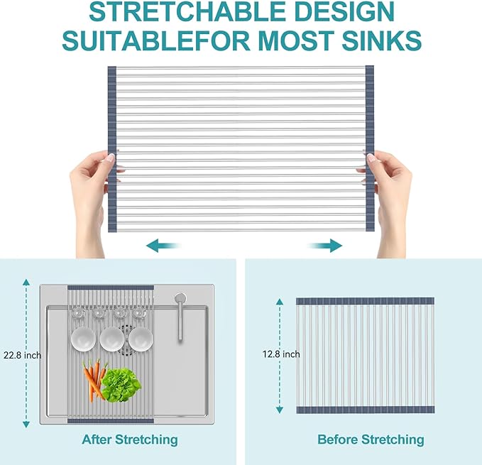 BBXTYLY Extra Large Expandable Roll Up Dish Drying Rack,Over The Sink Drying Rack Sink Cover Kitchen Sink Accessories Kitchen Rolling up Stainless Steel Drainer, Foldable,Rollable（Grey，22.8''-17.3''）