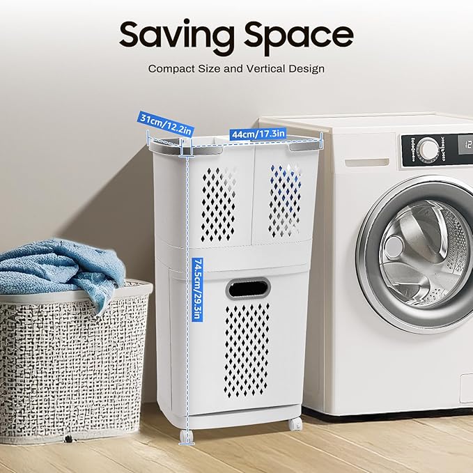 2-Layer Rolling Laundry Hamper, Wheeled Laundry Sorter Removable Laundry Basket, Thick Storage Rack Classification Compact 17x12in Tiered Hamper 4 Partitions for Dorms, Bathrooms