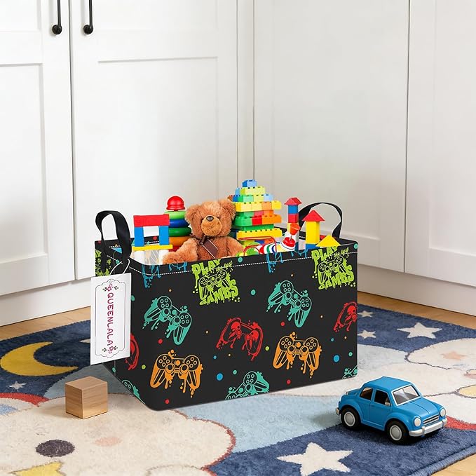 QUEENLALA Rectangular Laundry Hamper/Foldable Nursery Laundry Basket for Organizing/Storage Bin Baskets/Children Toy Office Bedroom/Toy Bin Closet Shelf Baskets (Rec-Black Game)