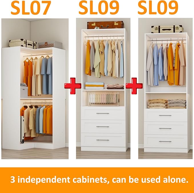 Closet System with 3 Wooden Drawers, 4.5-6FT Corner Closet Organizer System for Walk in Closet, Heavy Duty Modular Closet Systems, Built-in Shelving System with 5 Hanging Rods, 2-Piece Set