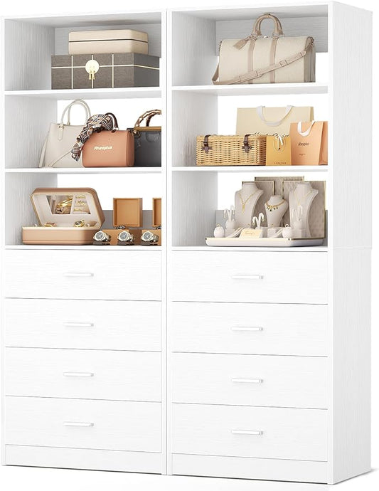 Aheaplus Closet Drawers Organizer System, 3.54FT Wood Closet System with 4 Drawers, Modular Walk-in Closets Storage Unit, Tall Bookshelf Storage Cabinet, White (2 Packs)
