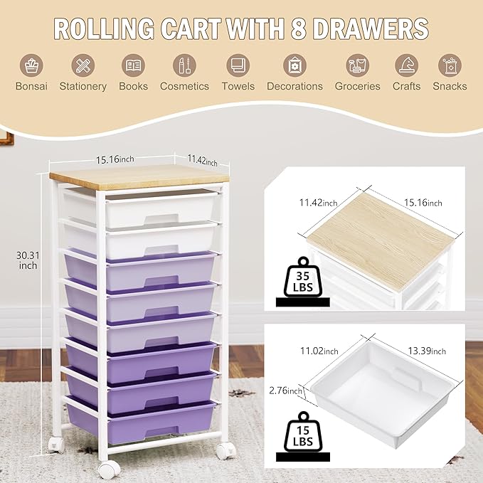 Rolling Cart with 8 Drawers, Storage Drawers Cart with Wooden Tabletop and Lockable Wheels, Craft Storage for Living Room, Office, Classroom, Craft Room, Bedroom (Purple)