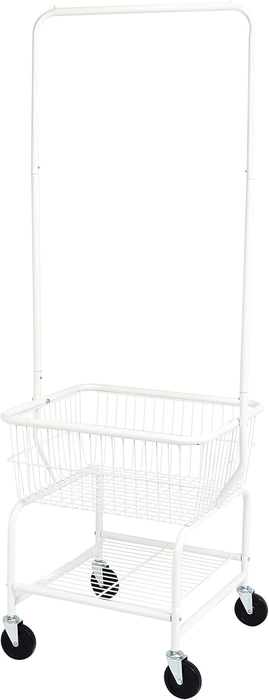Amazon Basics Rectangular Laundry Hamper Basket Butler Cart with Wheels and Hanging Rack, Sturdy Metal, 71.1 inches Height, White