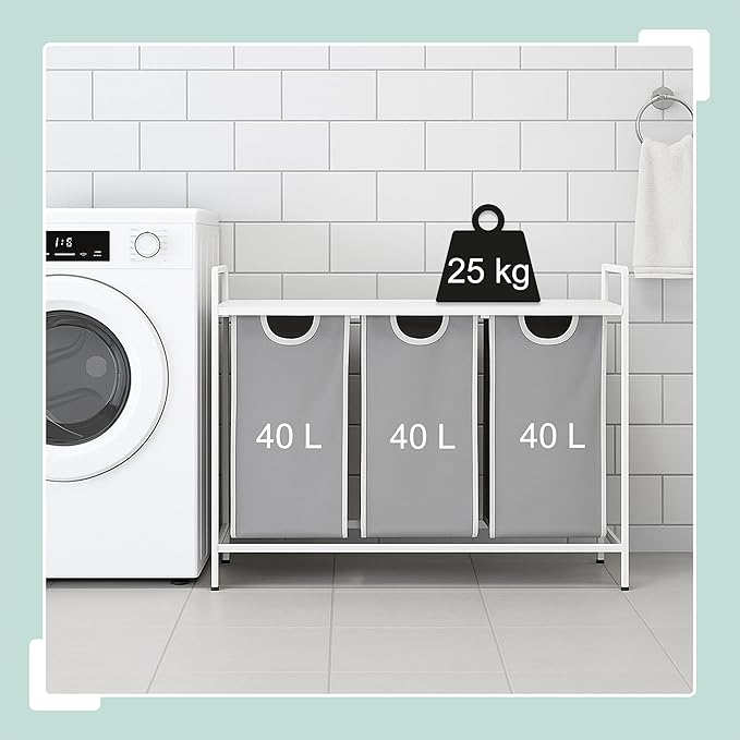 Relaxdays sorter with 3 Removable Bags, with Shelf, HWD: 72x92.5x33 cm, Metal Laundry Basket, White/Grey, Iron, Fibreboard, Polyester, 72 x 92.5 x 33 cm