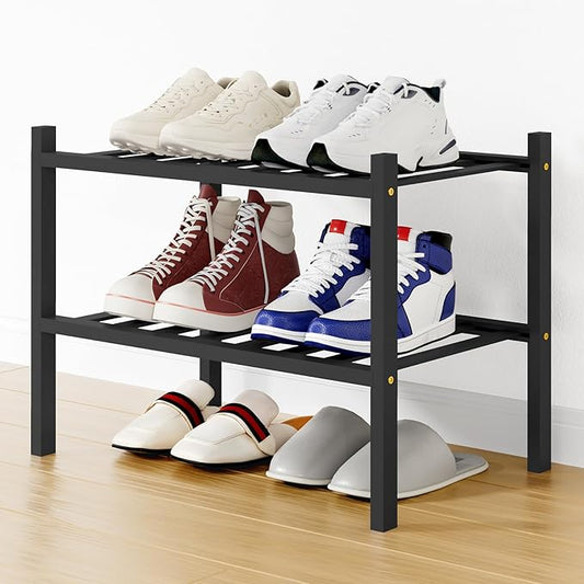 Smiry Shoe Rack, 2 Tier Small Bamboo Shoe Organizer, Stackable Free Standing Wooden Shoe Storage Shelf for Closet, Entryway, Front Door Entrance, Black