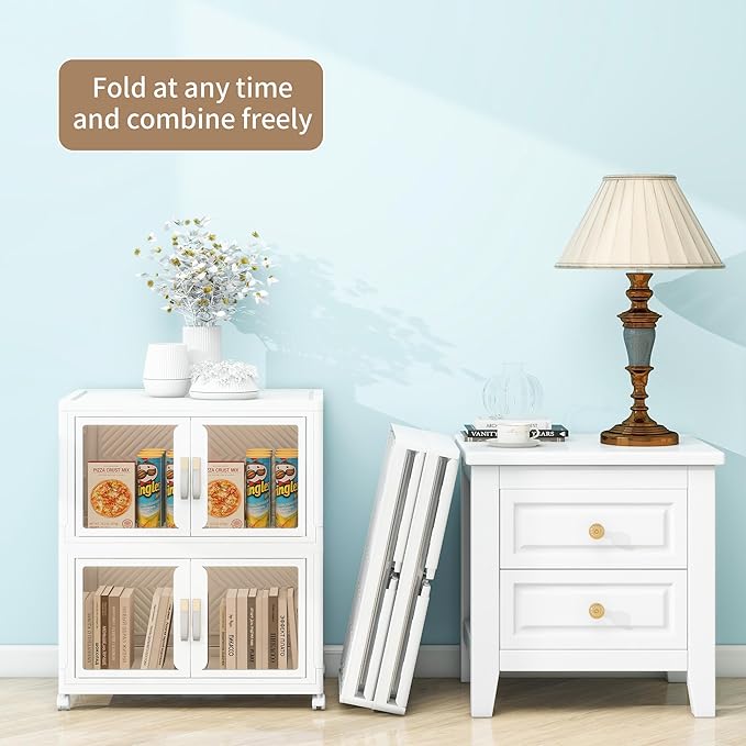 UAMFURI Stackable Storage Bins with Doors & Lids & Wheels, Foldable Collapsible Closet Organizers, Large Storage Cabinet for Bedroom Dorm (2, M)