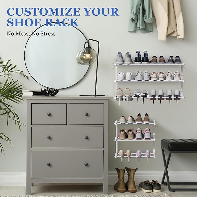 2 Pack Wall Mounted Shoe Rack, 3 Tier Hanging Shoe Rack Holds 24 Pairs, 17"-30"Adjustable Heavy Duty Metal Shoe Organizer Holder with 4 Storage Hooks, Space Saving for Closet Entryway Doorway（White)