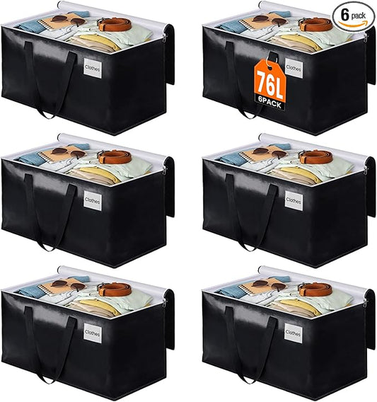 BlissTotes Moving Bags, Heavy Duty Moving Boxes with Zippers Top and Sturdy Handles, Storage Bags for Space Saving and Packing, Collapsible Moving Supplies, Storage Totes (76L, 6-Pack, Black)