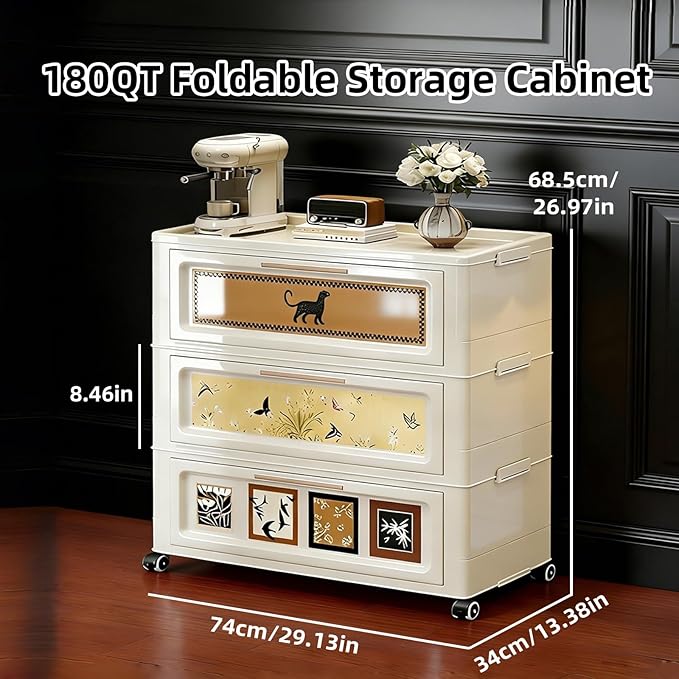 180QT Foldable Storage Cabinet with Lids, Stackable Storage Drawers with Doors and Wheels,ABS Durable Storage Cabinet Organizer for Home, Living Room, Kitchen, Stylish Home Decor (3 Tier)