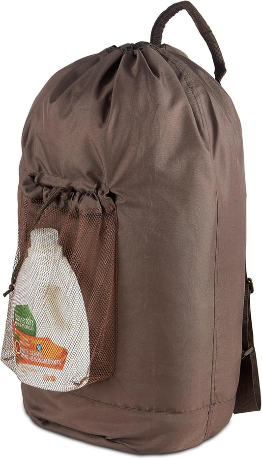 Seiritex Large Laundry Backpack Bag with Detergent Holder and Adjustable Shoulder Straps, Clothes Laundry Backpack for College, Travel, Apartment, Laundromat, Dorm Room (Brown)