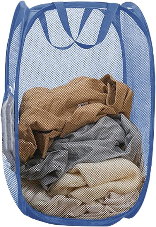 Mesh Pop Up Laundry Hamper for Cruise, Collapsible Laundry Basket Foldable Dirty Clothes Hamper with Handles, Side pocket, Ash Blue