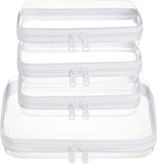 4 pcs Clear Zipper Pouches,Hard Shell Zipper Case, Toiletry Bag for Travel, CLear Diaper Bag, Toiletry Pouch, Travel Organizer, Cosmetic Bag,Toy Storage Bins (M+3S)