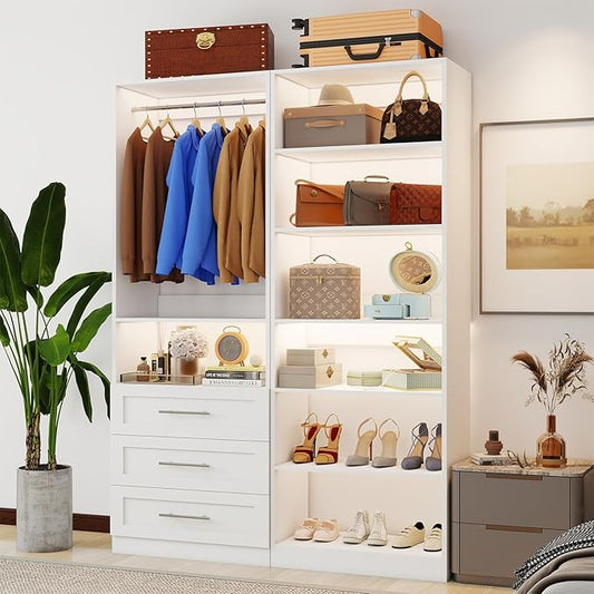 Closet System with 2 Sets, 4FT-10FT Closet Organizer Systems with 3 Wooden Drawers 7 Shelves & 3 Hanging Rods, Walk in Closet freestanding Corner Modular Closet Storage System White (4FT)