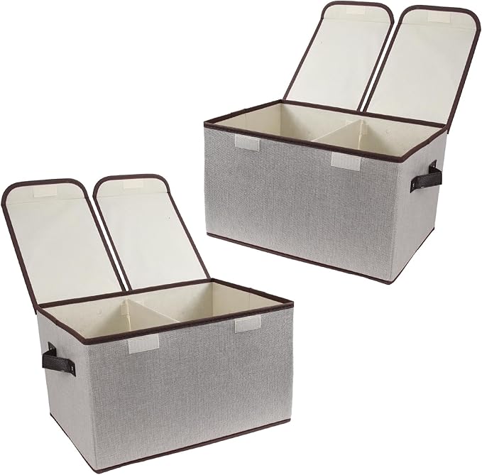 Foldable Fabric Storage Box with Double-Lid & Dividers, Large Organizer for Home, Closet, Office (Grey, 2 Packs)