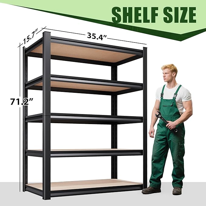 71.2" H Heavy Duty Garage Shelving, 5-Tier Storage Shelves, Adjustable Metal Shelving Unit, Functionality Garage Storage Shelf, for Basement, Pantry, Kitchen, Warehouse,15.7" Dx35.4 Wx71.2 H