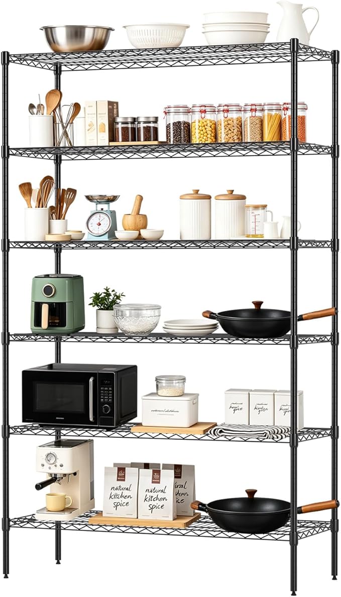 FDW 16" D×42" W×72" H Wire Shelving Unit Commercial Metal Shelf with 6 Tier Adjustable Layer Rack Strong Steel for Restaurant Garage Pantry Kitchen Garage，Black