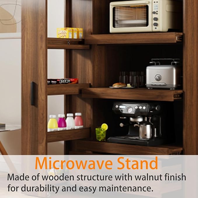 Farmhouse Kitchen Pantry Cabinet, 70.87" Tall Freestanding Cupboard with Multi-Tier Storage Rack and Microwave Stand for Kitchen, Dining Room, Dark Walnut