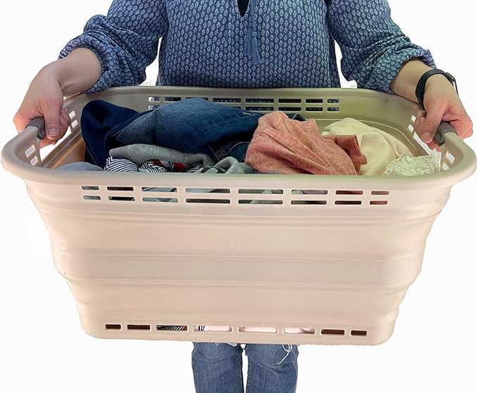 SAMMART 42L (11 gallons) Collapsible Plastic Laundry Basket - Portable Pop Up Storage Container/Organizer - Portable Hamper - Space Saving Easy Storage (Apricot/Brown (Set of 2))