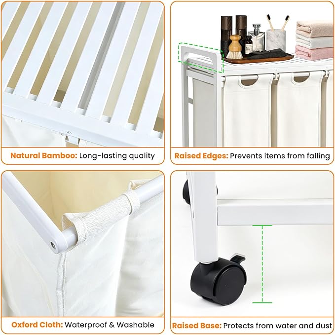 Bamboo Laundry Hamper 3 Section with Lid, 150L Laundry Sorter with Lockable Wheels, Pull-Out Removable Washable Bags, 3 × 12.5 Gal Divided Laundry Baskets for Laundry Room, Bathroom (White)