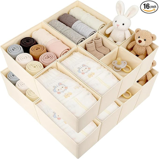 Drawer Organizer Clothes, 16 Pack Dresser Organizer Bins, Foldable Closet Organizers and Storage Fabric Dresser Bins, Shallow Drawer Dividers for Clothing, Underwears, Socks, Tie