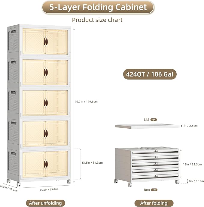 424 QT / 106 Gal Heavy Duty Double Door Storage Cabinet - Magnetic Closure, Foldable Stackable Design with Wheels & Leather Handles, Plastic Organizer for Garage/Bedroom