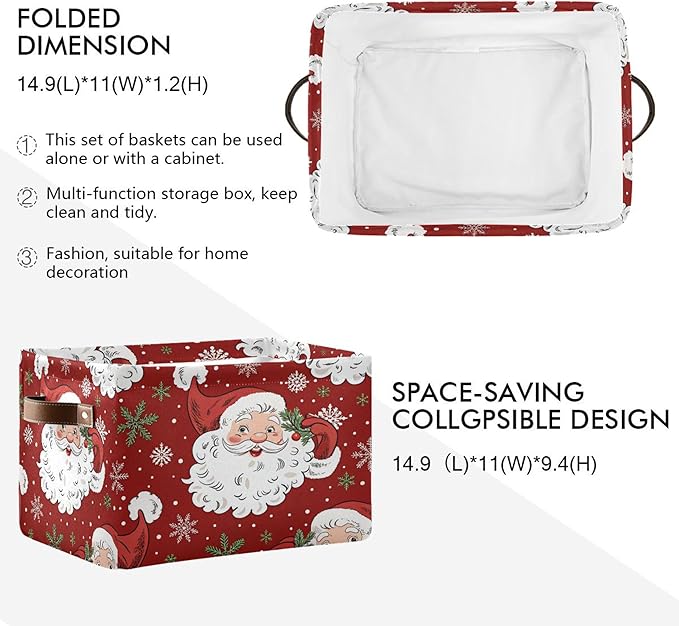 xigua Christmas Decoration Storage Basket Santa Collapsible Storage Bins Waterproof Canvas Storage Basket with Leather Handles for Home Closets Offices,Bedrooms,Gift Baskets,2PCS