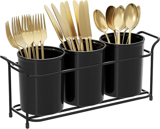 Lifewit Plastic Silverware Caddy with Metal Rack, Utensil Holder for Party, Cutlery Flatware Organizer for Kitchen Countertop, Forks Spoons Knives Storage for Picnic Camping Outdoor Buffet, Black