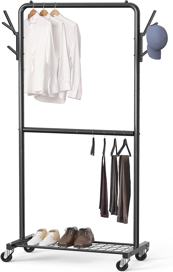Simple Houseware Double Rod Garment Rack with Wheels and Hooks, Black