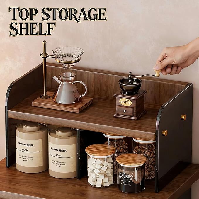 Acrylic Coffee Cup Display Shelf, Multi-Layer Countertop Mug Organizer with Pull-Out Drawer, Retro Water-Ripple Design, 2-Tier Storage Rack for Kitchen, Coffee Bar (Original Wood with Acrylic)