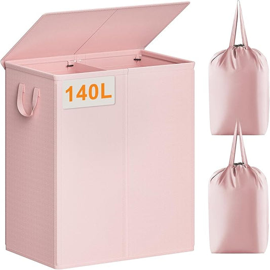 Chrislley 140L Laundry Hamper 2 Section, Double Laundry Basket with Lid, Large Dirty Clothes Hamper with Removable Liner Bags, Collapsible Laundry Organizer for Bedroom, Dorm,Pink