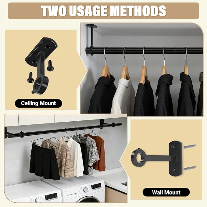 Closet Rods for Hanging Clothes Ceiling or Wall Mounted, 17–48 Inch Closet Rod Heavy-Duty Stepless Telescopic Clothes Hanging Rod for Closet Kitchen Laundry Room Living Room Balcony (Black)