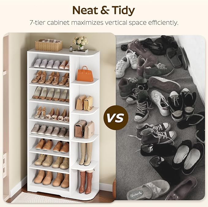 YATINEY Tall Shoe Rack, Multifunctional Shoe Cabinet with Open Storage, Entryway Shoe Organizer for Closet, 9-Tier Wooden Shoe Storage Closet with Adjustable Shelves, White SC22WT