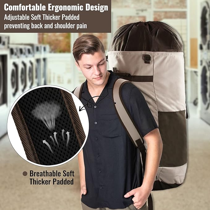 Laundry Backpack Bag 125L Extra Large, Heavy Duty for College Dorm & Apartment, Durable Thick Material Laundry Hamper with Padded Straps for Easy Carry, 3 Pockets for Travel & Laundromat (Khaki)