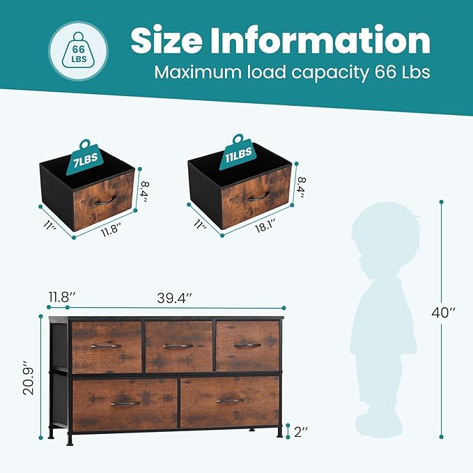 OLIXIS 5 Drawer Dresser for Bedroom, Closet Chest Organizer Furniture, TV Stand for Living Room Hallway, Wide Fabric Storage Tower with Wooden Top and Metal Frame, Brown